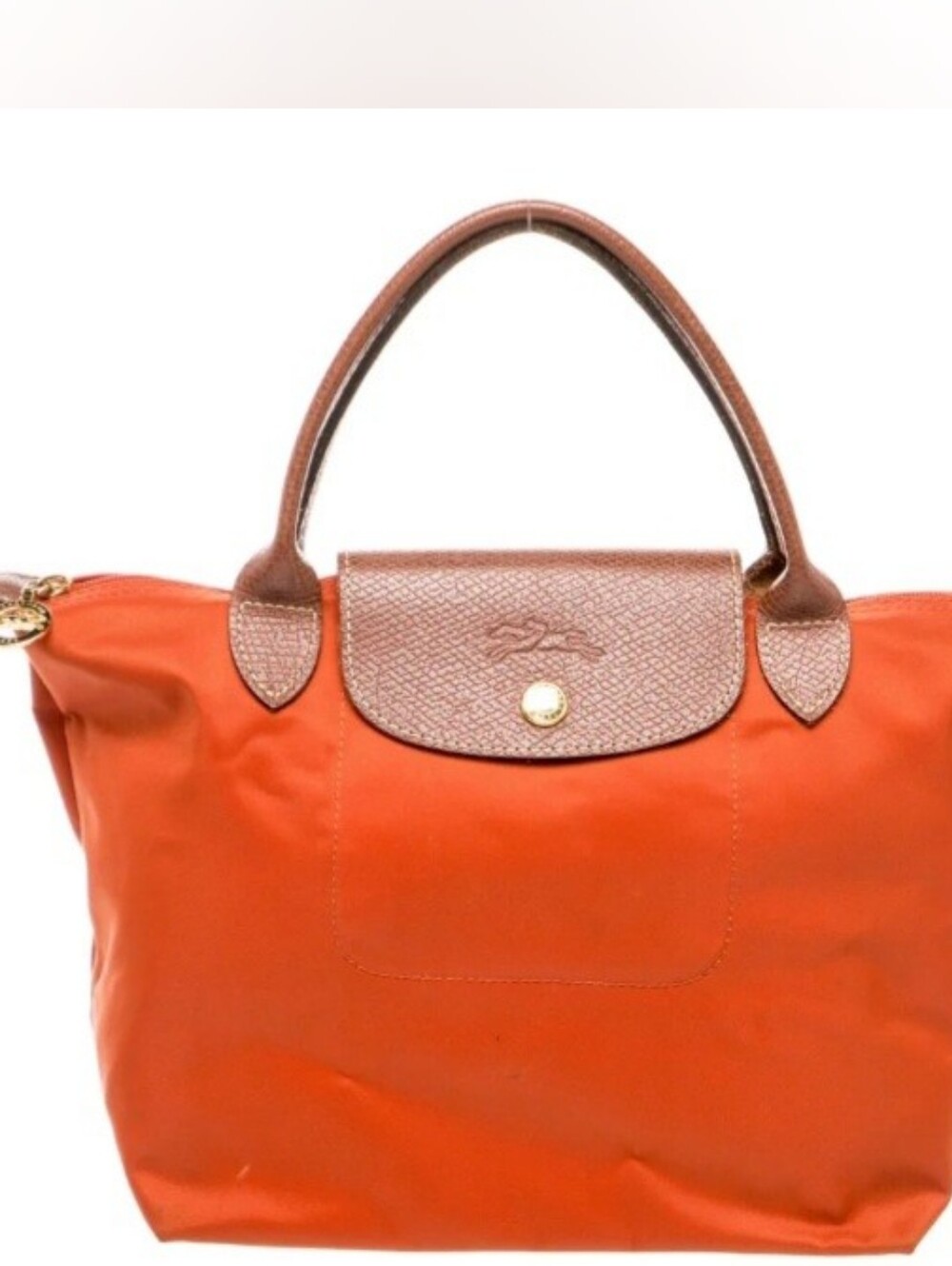 Longchamp Small Orange Nylon Tote with Brown Leather Trim